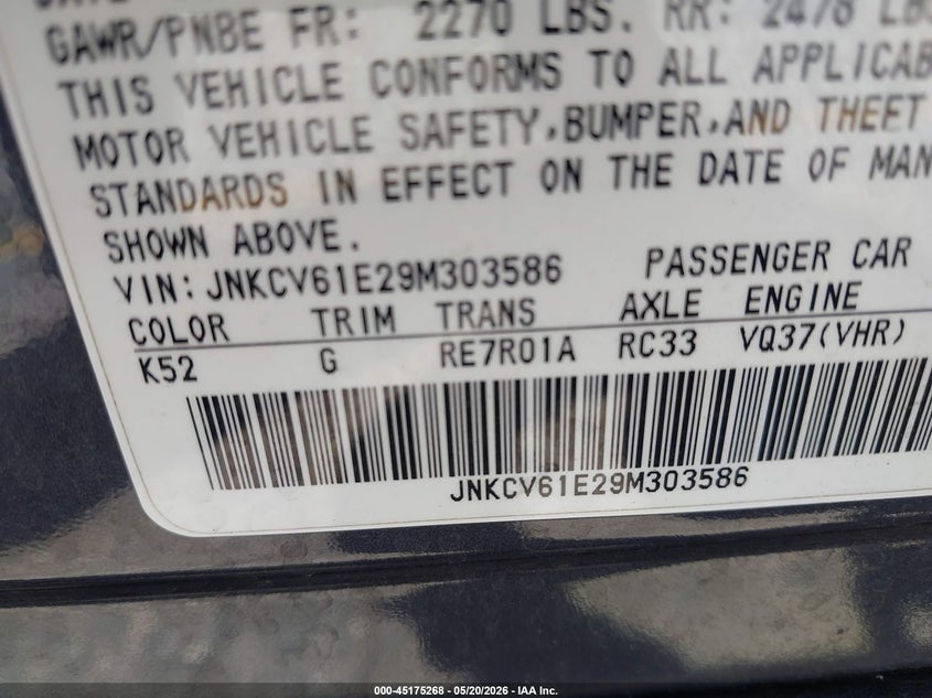 2009 Infiniti G37 VIN JNKCV61E29M303586 IAAI salvage auction — NORMAL WEAR, Salvage (Texas), sold $750 on 2026-07-21 (photo 9)