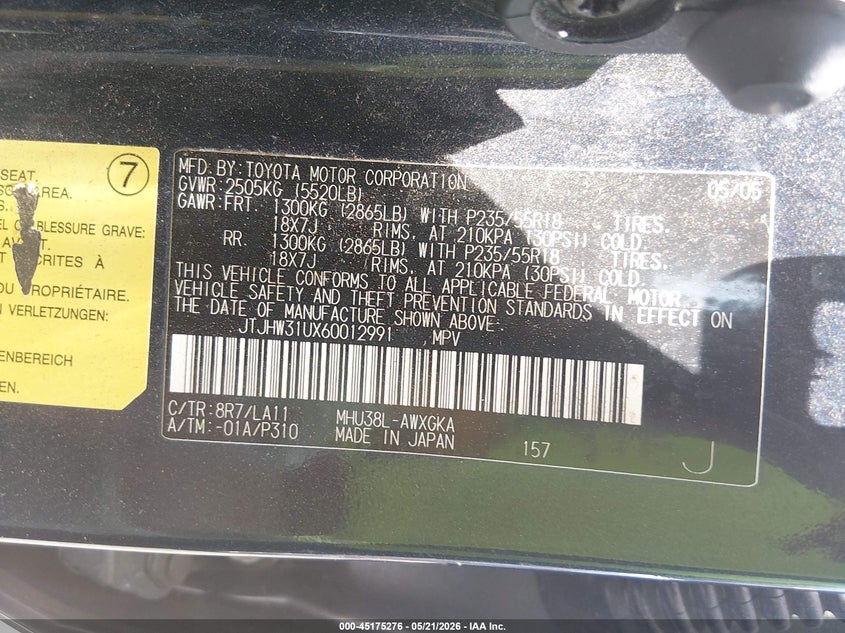 2006 Lexus Rx VIN JTJHW31UX60012991 IAAI salvage auction — FRONT & REAR, Salvage (South Carolina), sold $500 on 2026-07-07 (photo 9)
