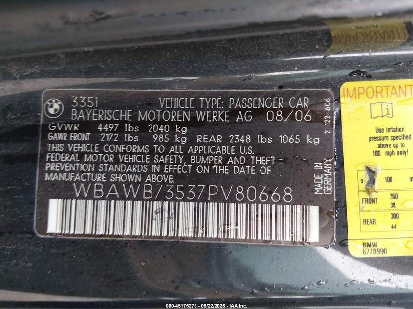2007 BMW 3 series VIN WBAWB73537PV80668 IAAI salvage auction — ENGINE BURN, Salvage (South Carolina), sold $400 on 2026-07-08 (photo 9)
