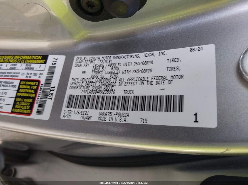 2024 Toyota Tundra VIN 5TFLA5DB4RX235976 IAAI salvage auction — FRONT END, Certificate Of Destruction (Florida), sold $11,200 on 2026-07-28 (photo 9)