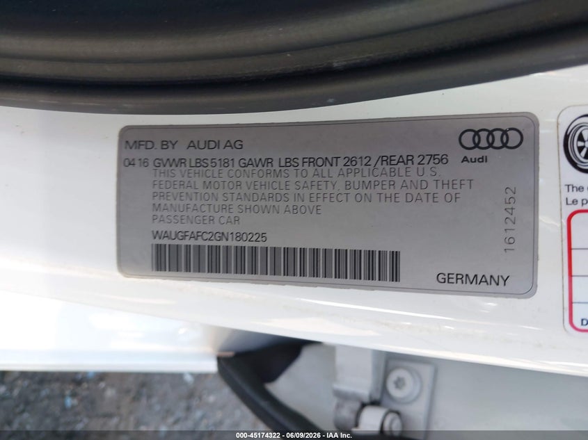 2016 Audi A6 VIN WAUGFAFC2GN180225 IAAI salvage auction — RIGHT FRONT, Salvage Title, sold $4,700 on 2026-07-08 (photo 9)