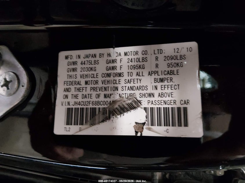 2011 Acura Tsx VIN JH4CU2F68BC004497 IAAI salvage auction — ALL OVER, Salvage (Maine), sold $275 on 2026-07-06 (photo 9)