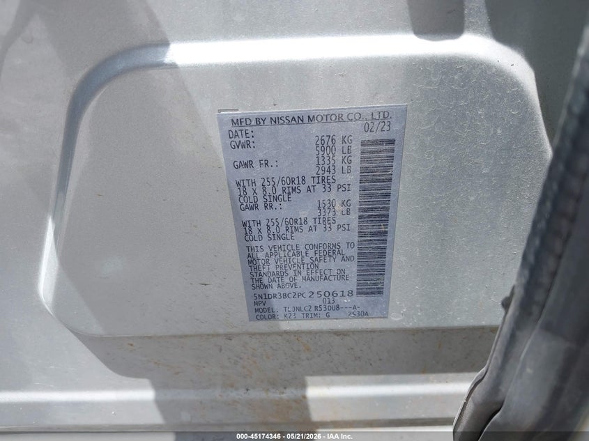 2023 Nissan Pathfinder VIN 5N1DR3BC2PC250618 IAAI salvage auction — HAIL, Clear (Missouri), sold $8,100 on 2026-07-30 (photo 9)