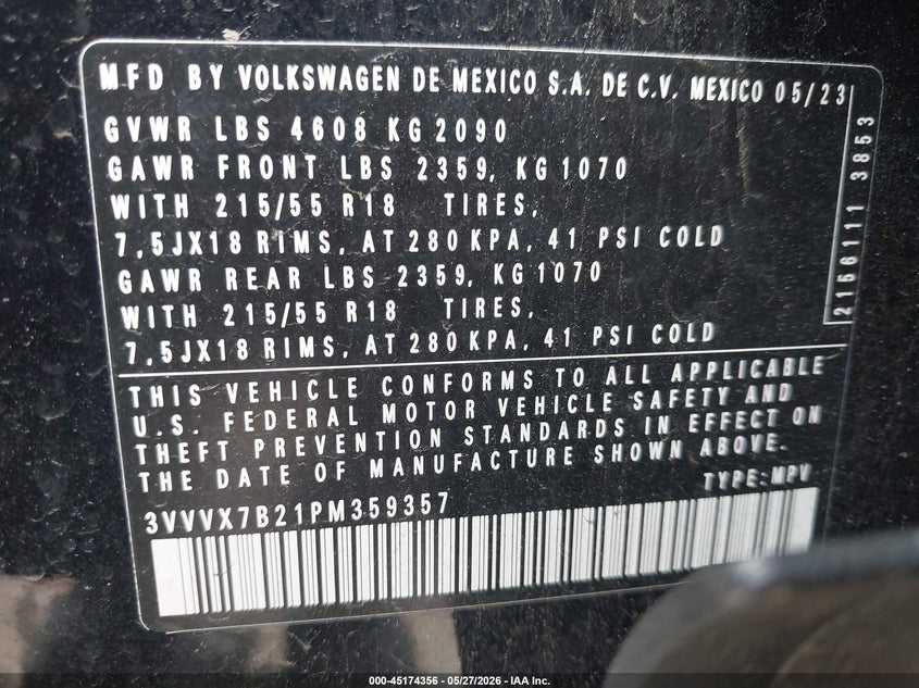 2023 Volkswagen Taos VIN 3VVVX7B21PM359357 IAAI salvage auction — FRONT END, Wait Title, sold $8,100 on 2026-08-15 (photo 9)