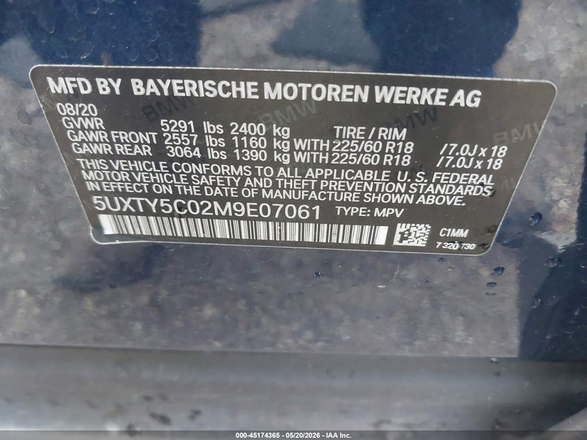 2021 BMW X3 VIN 5UXTY5C02M9E07061 IAAI salvage auction — SIDE, Clear (Indiana), sold $12,525 on 2026-07-22 (photo 9)