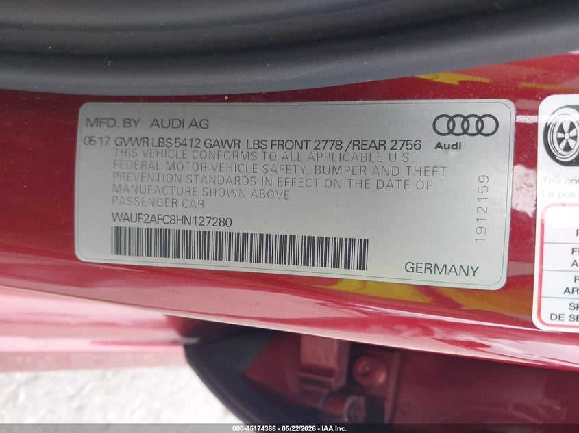 2017 Audi A6 VIN WAUF2AFC8HN127280 IAAI salvage auction — FRONT END, Salvage (Illinois), sold $4,800 on 2026-07-28 (photo 9)