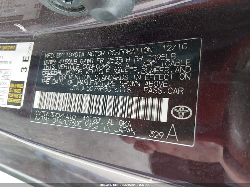 2011 Scion Tc VIN JTKJF5C79B3016118 IAAI salvage auction — FRONT END, Rebuildable (Florida), sold $450 on 2026-07-30 (photo 9)