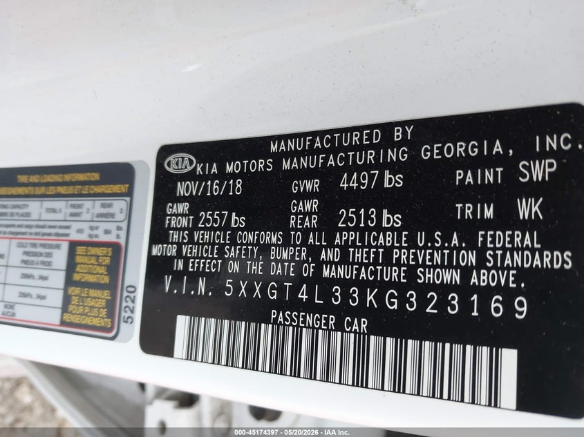 2019 Kia Optima VIN 5XXGT4L33KG323169 IAAI salvage auction — HAIL, Clear (Missouri), sold $525 on 2026-07-27 (photo 9)