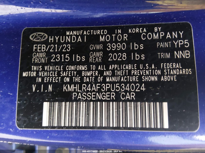 2023 Hyundai Elantra VIN KMHLR4AF3PU534024 IAAI salvage auction — REAR END, Salvage (New Jersey), sold $4,425 on 2026-07-21 (photo 9)