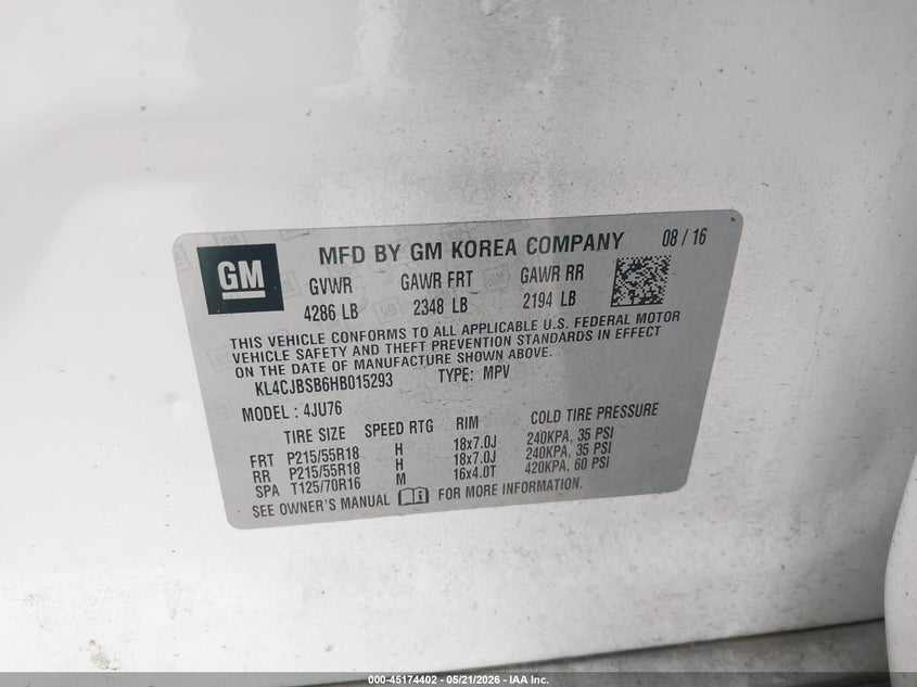 2017 Buick Encore VIN KL4CJBSB6HB015293 IAAI salvage auction — FRONT END, Original (Texas), sold $1,400 on 2026-07-30 (photo 9)