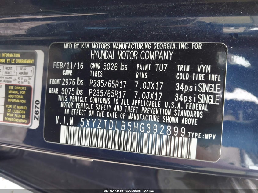 2017 Hyundai Santa fe VIN 5XYZTDLB5HG392899 IAAI salvage auction — LEFT FRONT, Salvage Title, sold $1,500 on 2026-07-21 (photo 9)