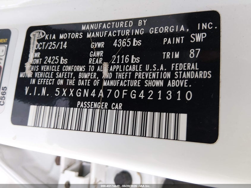 2015 Kia Optima VIN 5XXGN4A70FG421310 IAAI salvage auction — NORMAL WEAR, Original (Kentucky), sold $25 on 2026-07-29 (photo 9)