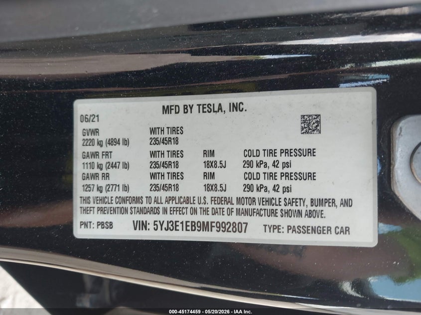 2021 Tesla Model 3 VIN 5YJ3E1EB9MF992807 IAAI salvage auction — LEFT FRONT, Salvage (Massachusetts), sold $9,400 on 2026-07-15 (photo 9)