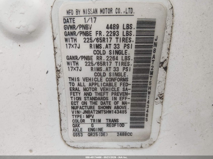 2017 Nissan Rogue VIN JN8AT2MT5HW143485 IAAI salvage auction — FRONT END, Clear (Arkansas), sold $3,000 on 2026-07-15 (photo 9)