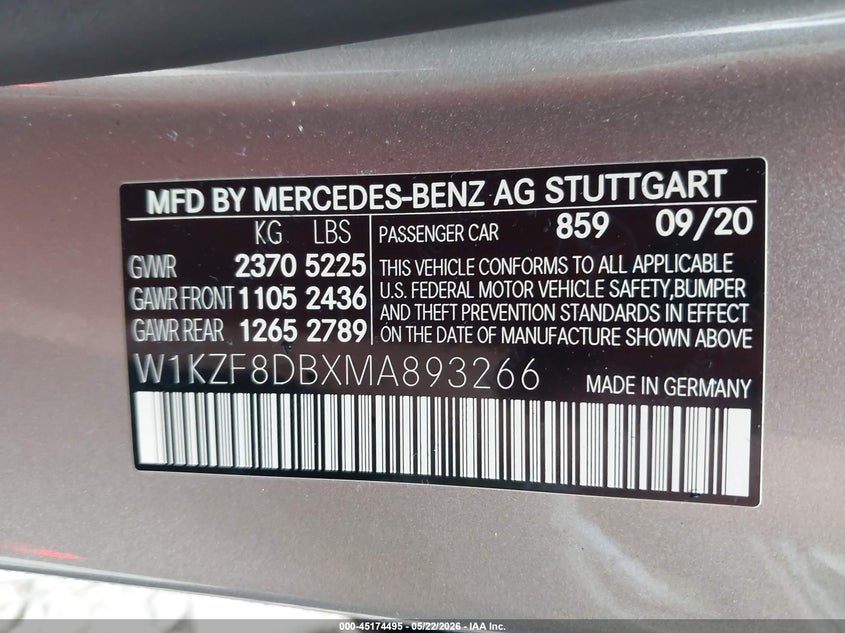 2021 Mercedes-benz E-klasse VIN W1KZF8DBXMA893266 IAAI salvage auction — FRONT END, Salvage (Alabama), sold $15,600 on 2026-07-27 (photo 9)