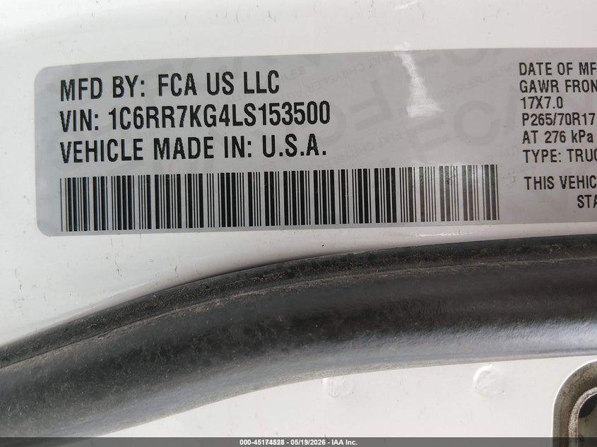 2020 Ram 1500 VIN 1C6RR7KG4LS153500 IAAI salvage auction — LEFT FRONT, Sf97 (Iowa), sold $225 on 2026-07-09 (photo 9)