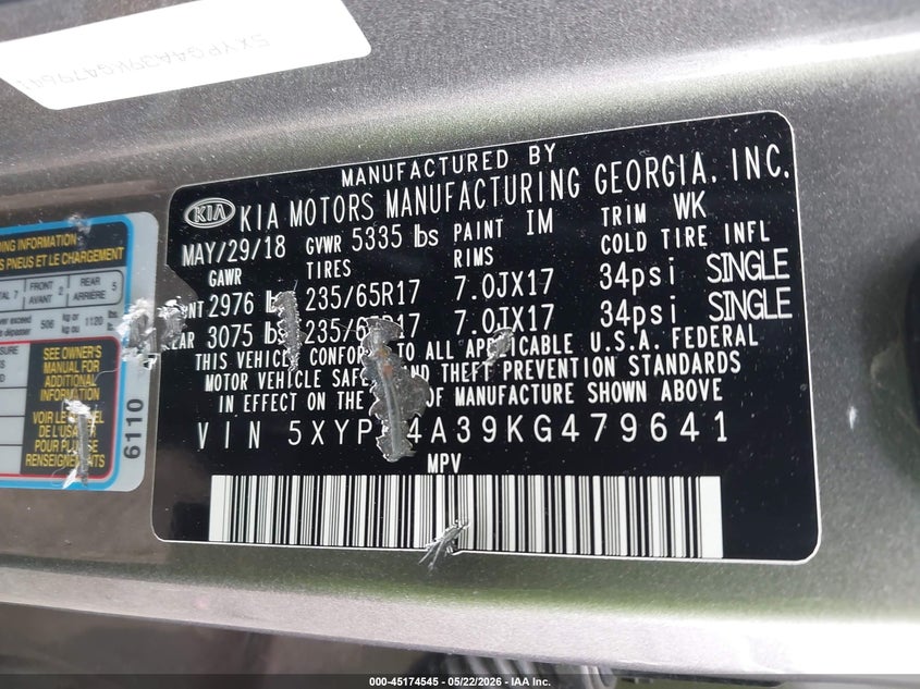 2019 Kia Sorento VIN 5XYPG4A39KG479641 IAAI salvage auction — FRONT END, Salvage (Indiana), sold $1,500 on 2026-07-22 (photo 9)