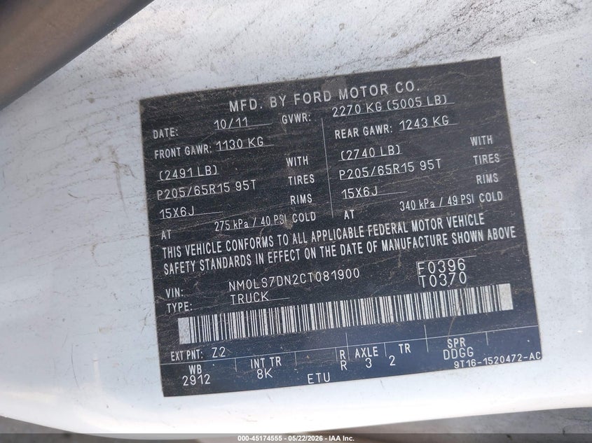 2012 Ford VIN NM0LS7DN2CT081900 IAAI salvage auction — NORMAL WEAR, Clear - Dealer Only (California), sold $400 on 2026-07-08 (photo 9)
