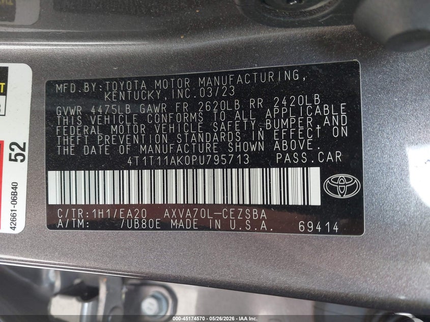 2023 Toyota Camry VIN 4T1T11AK0PU795713 IAAI salvage auction — REAR END, Salvage Title, sold $8,500 on 2026-08-01 (photo 9)
