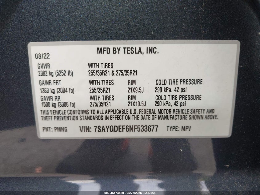 2022 Tesla Model y VIN 7SAYGDEF6NF533677 IAAI salvage auction — LEFT SIDE, Salvage Title, sold $12,400 on 2026-07-07 (photo 9)