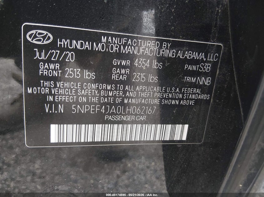 2020 Hyundai Sonata VIN 5NPEF4JA0LH062167 IAAI salvage auction — LEFT FRONT, Salvage - Greater Than 75% (Maryland), sold $2,550 on 2026-07-27 (photo 9)