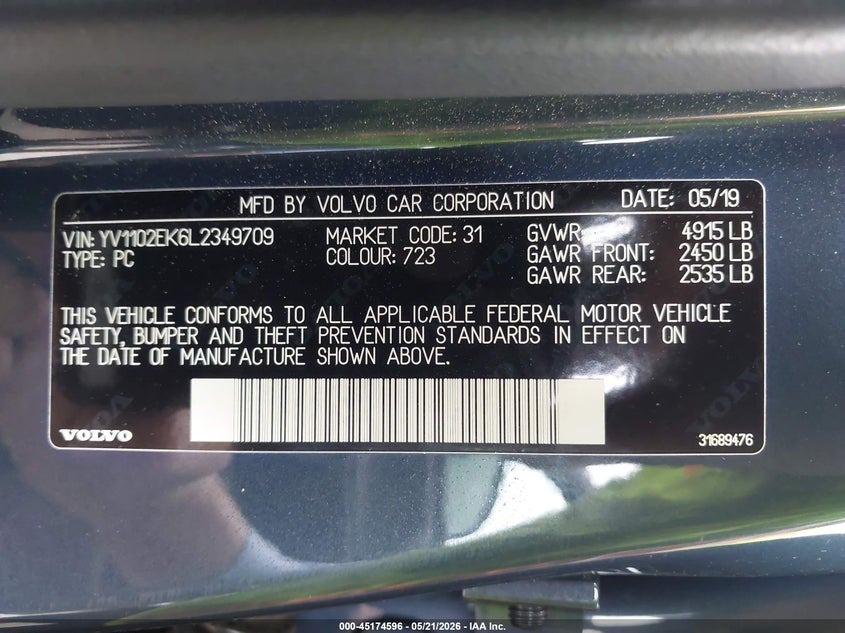 2020 Volvo V60 VIN YV1102EK6L2349709 IAAI salvage auction — REAR END, Salvage - Greater Than 75% (Maryland), sold $2,700 on 2026-07-28 (photo 9)