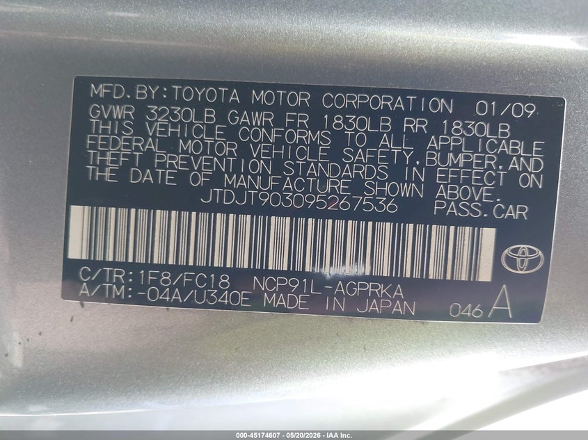 2009 Toyota Yaris VIN JTDJT903095267536 IAAI salvage auction — FRONT END, Salvage (Ohio), sold $225 on 2026-07-08 (photo 9)