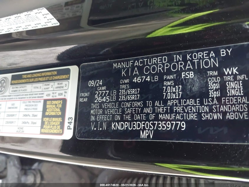 2025 Kia Sportage VIN KNDPU3DF0S7359779 IAAI salvage auction — FRONT & REAR, Salvage (Texas), sold $6,600 on 2026-07-21 (photo 9)