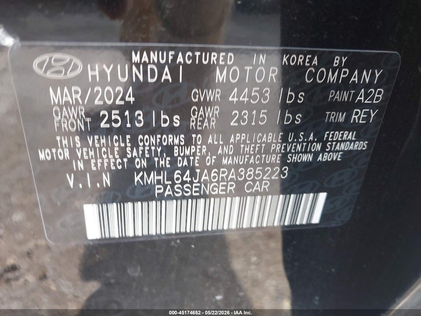 2024 Hyundai Sonata VIN KMHL64JA6RA385223 IAAI salvage auction — REAR END, Salvage (Texas), sold $6,350 on 2026-07-28 (photo 9)