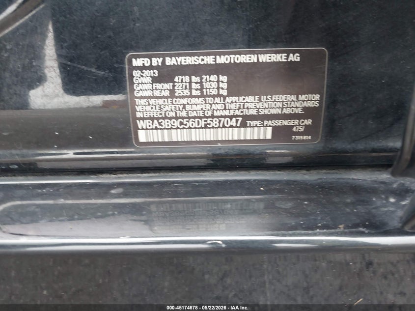 2013 BMW 3er VIN WBA3B9C56DF587047 IAAI salvage auction — FRONT END, Salvage (Illinois), sold $975 on 2026-08-20 (photo 9)
