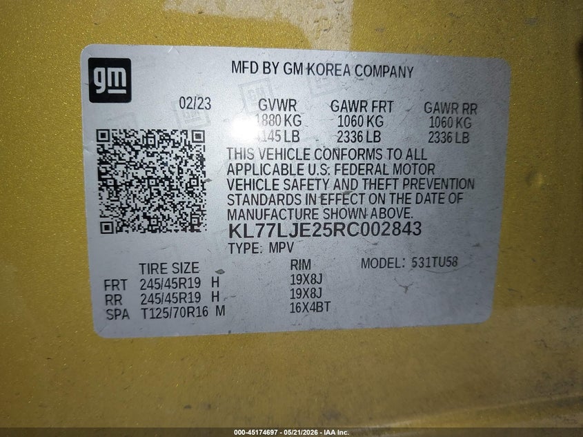 2024 Chevrolet Trax VIN KL77LJE25RC002843 IAAI salvage auction — FRONT & REAR, Salvage (Texas), sold $675 on 2026-07-16 (photo 9)