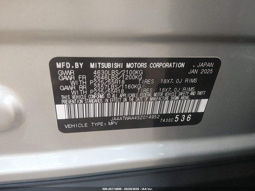 2025 Mitsubishi Eclipse cross VIN JA4ATWAA4SZ014952 IAAI salvage auction — RIGHT FRONT, Salvage (Pennsylvania), sold $3,100 on 2026-07-22 (photo 9)