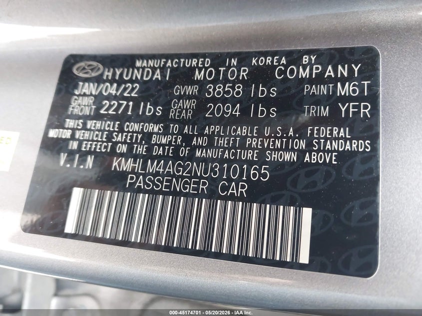2022 Hyundai Elantra VIN KMHLM4AG2NU310165 IAAI salvage auction — FRONT END, Salvage (Illinois), sold $3,550 on 2026-07-22 (photo 9)