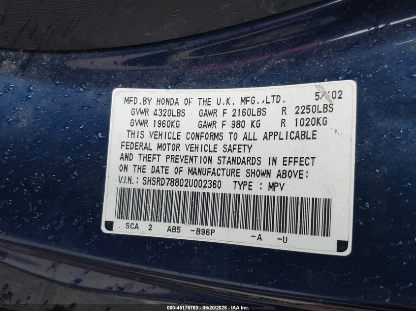 2002 Honda Cr-v VIN SHSRD78802U002360 IAAI salvage auction — NORMAL WEAR, Clear (Indiana), sold $1,275 on 2026-07-29 (photo 9)