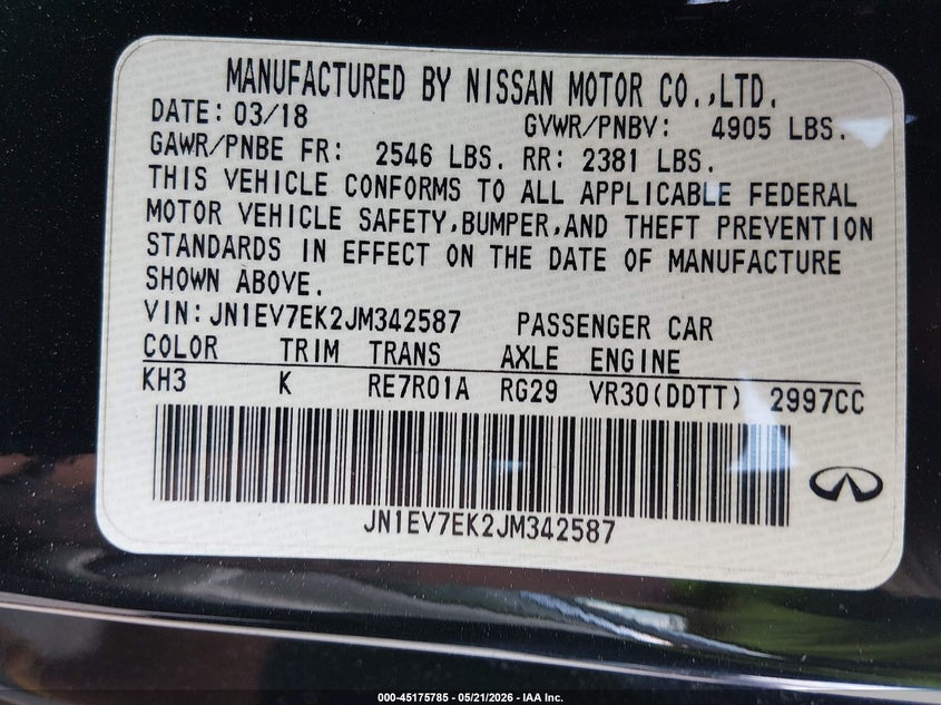 2018 Infiniti Q60 VIN JN1EV7EK2JM342587 IAAI salvage auction — LEFT FRONT, Salvage (North Carolina), sold $1,750 on 2026-07-08 (photo 9)