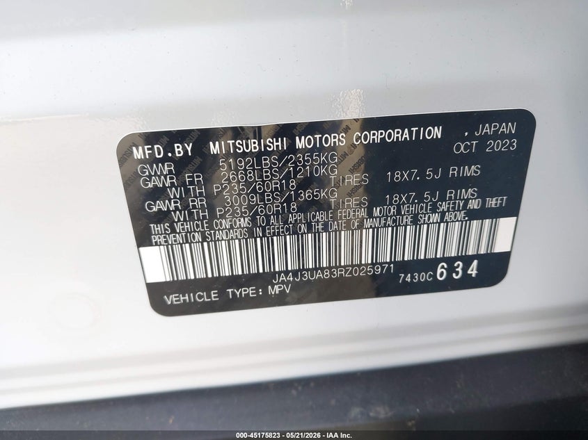 2024 Mitsubishi Outlander VIN JA4J3UA83RZ025971 IAAI salvage auction — RIGHT SIDE, Salvage Title, sold $7,750 on 2026-08-21 (photo 9)