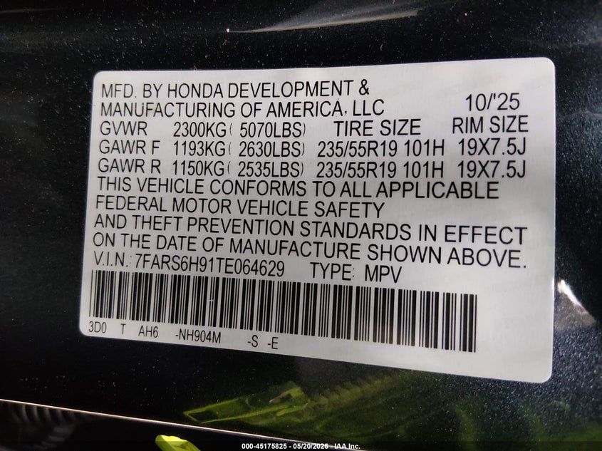 2026 Honda Cr-v VIN 7FARS6H91TE064629 IAAI salvage auction — FRONT END, Salvage (New Jersey), sold $10,200 on 2026-07-27 (photo 9)