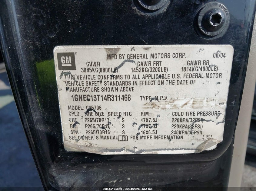 2004 Chevrolet Tahoe VIN 1GNEC13T14R311468 IAAI salvage auction — UNKNOWN, Salvage (California), sold $650 on 2026-07-09 (photo 9)