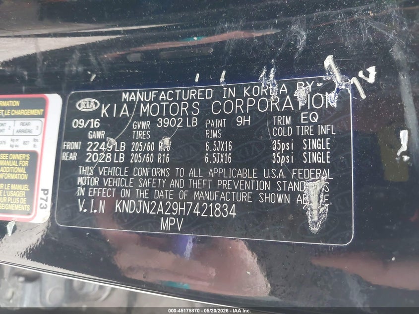 2017 Kia Soul VIN KNDJN2A29H7421834 IAAI salvage auction — HAIL, Clear (Missouri), sold $2,075 on 2026-07-06 (photo 9)