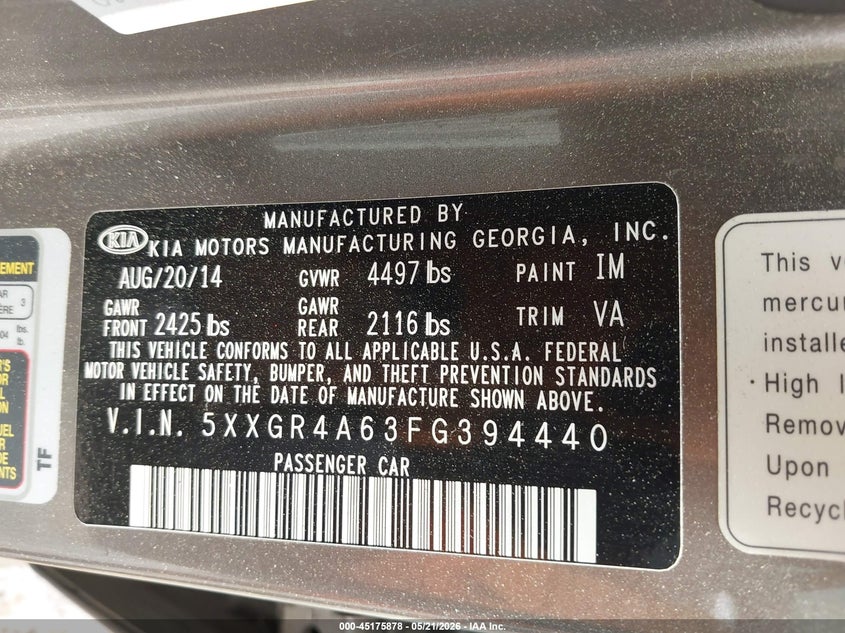 2015 Kia Optima VIN 5XXGR4A63FG394440 IAAI salvage auction — RIGHT SIDE, Salvage - 75% Or Less (Maryland), sold $1,550 on 2026-07-15 (photo 9)