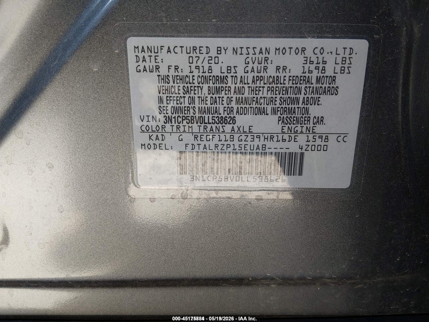 2020 Nissan Kicks VIN 3N1CP5BV0LL538626 IAAI salvage auction — NORMAL WEAR, Sf97 (Washington), sold $9,400 on 2026-07-09 (photo 9)
