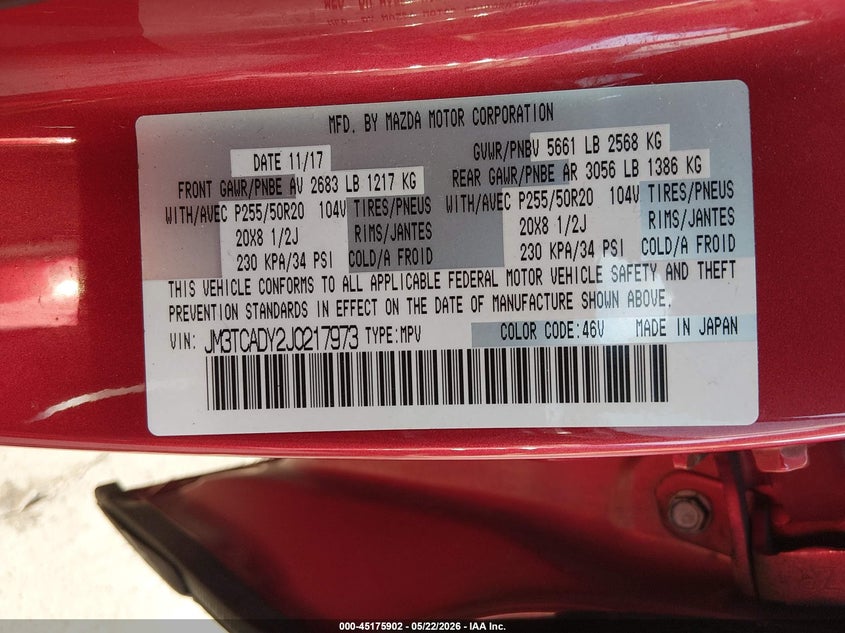 2018 Mazda Cx-9 VIN JM3TCADY2J0217973 IAAI salvage auction — LEFT REAR, Salvage (Texas), sold $2,850 on 2026-07-28 (photo 9)