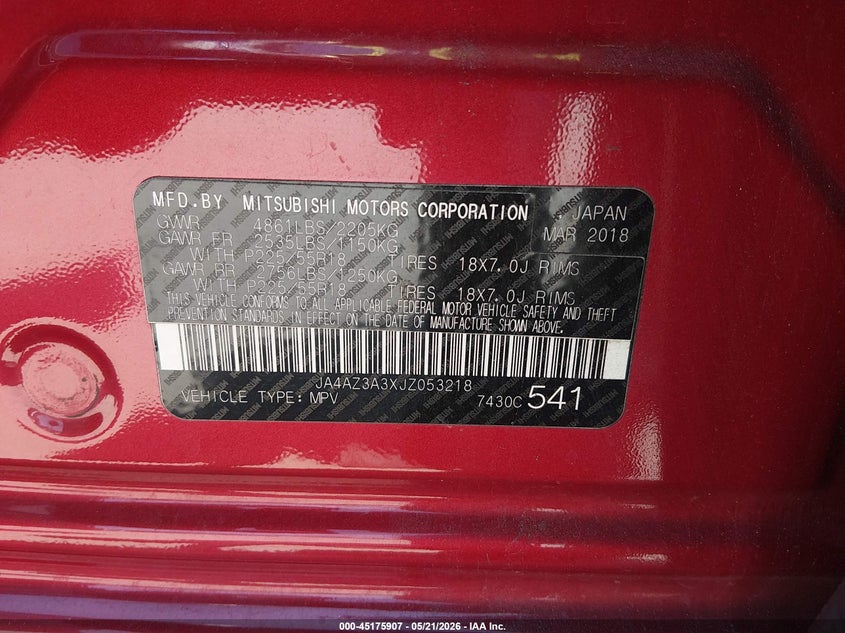 2018 Mitsubishi Outlander VIN JA4AZ3A3XJZ053218 IAAI salvage auction — FRONT END, Salvage (Georgia), sold $1,750 on 2026-07-17 (photo 9)