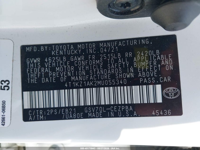 2021 Toyota Camry VIN 4T1KZ1AK2MU055340 IAAI salvage auction — HAIL, Salvage Title, sold $11,400 on 2026-07-27 (photo 9)