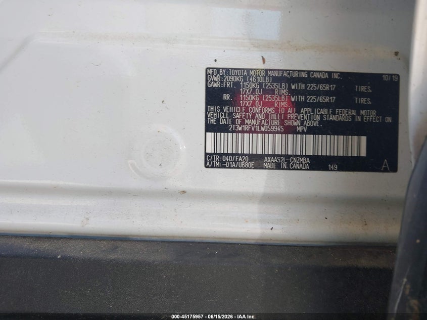 2020 Toyota Rav 4 VIN 2T3W1RFV1LW059945 IAAI salvage auction — ROOF, Salvage (South Carolina), sold $8,600 on 2026-07-31 (photo 9)