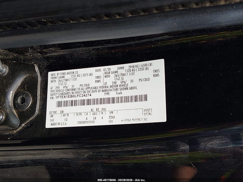2020 Ford F-150 VIN 1FTEX1EB0LFC24274 IAAI salvage auction — NORMAL WEAR, SF97 (Oklahoma), sold $14,300 on 2026-07-09 (photo 9)