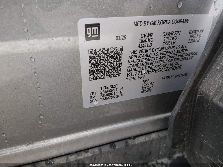 2025 Chevrolet Trax VIN KL77LHEP6SC220008 IAAI salvage auction — LEFT FRONT, Salvage (Mississippi), sold $7,000 on 2026-07-16 (photo 9)