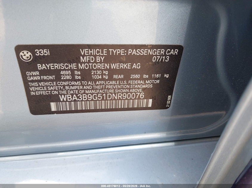 2013 BMW 3er VIN WBA3B9G51DNR90076 IAAI salvage auction — FRONT END, Salvage Title, sold $25 on 2026-07-24 (photo 9)