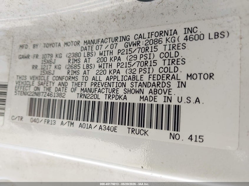 2007 Toyota Tacoma VIN 5TENX22N87Z461382 IAAI salvage auction — NORMAL WEAR, Clear (Illinois), sold $1,650 on 2026-07-14 (photo 9)