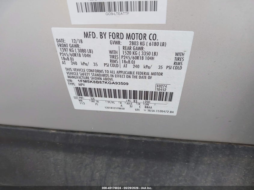 2019 Ford Explorer VIN 1FM5K8B87KGA93509 IAAI salvage auction — NORMAL WEAR, Sf97 (Oklahoma), sold $16,475 on 2026-07-09 (photo 9)